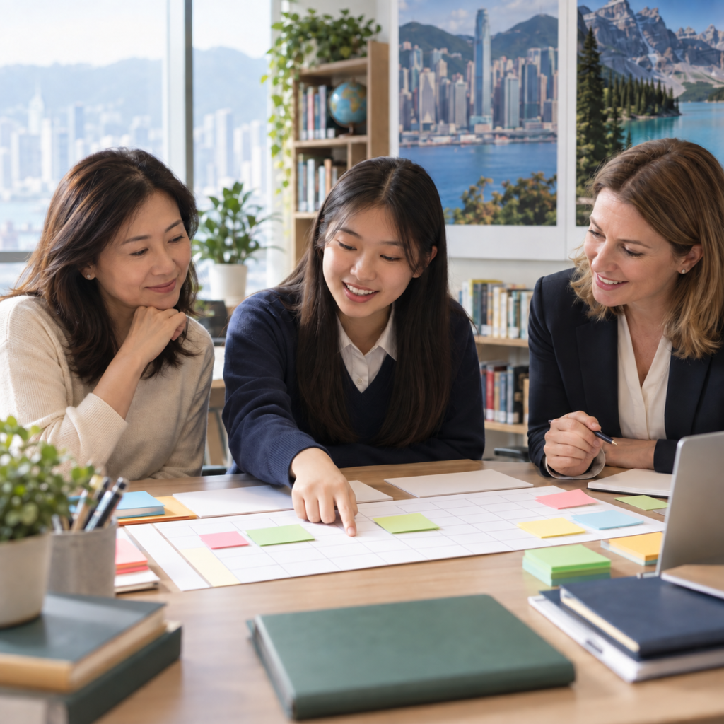 學生、家長與顧問整理升學時間表 / Student, parent and adviser planning a study timetable