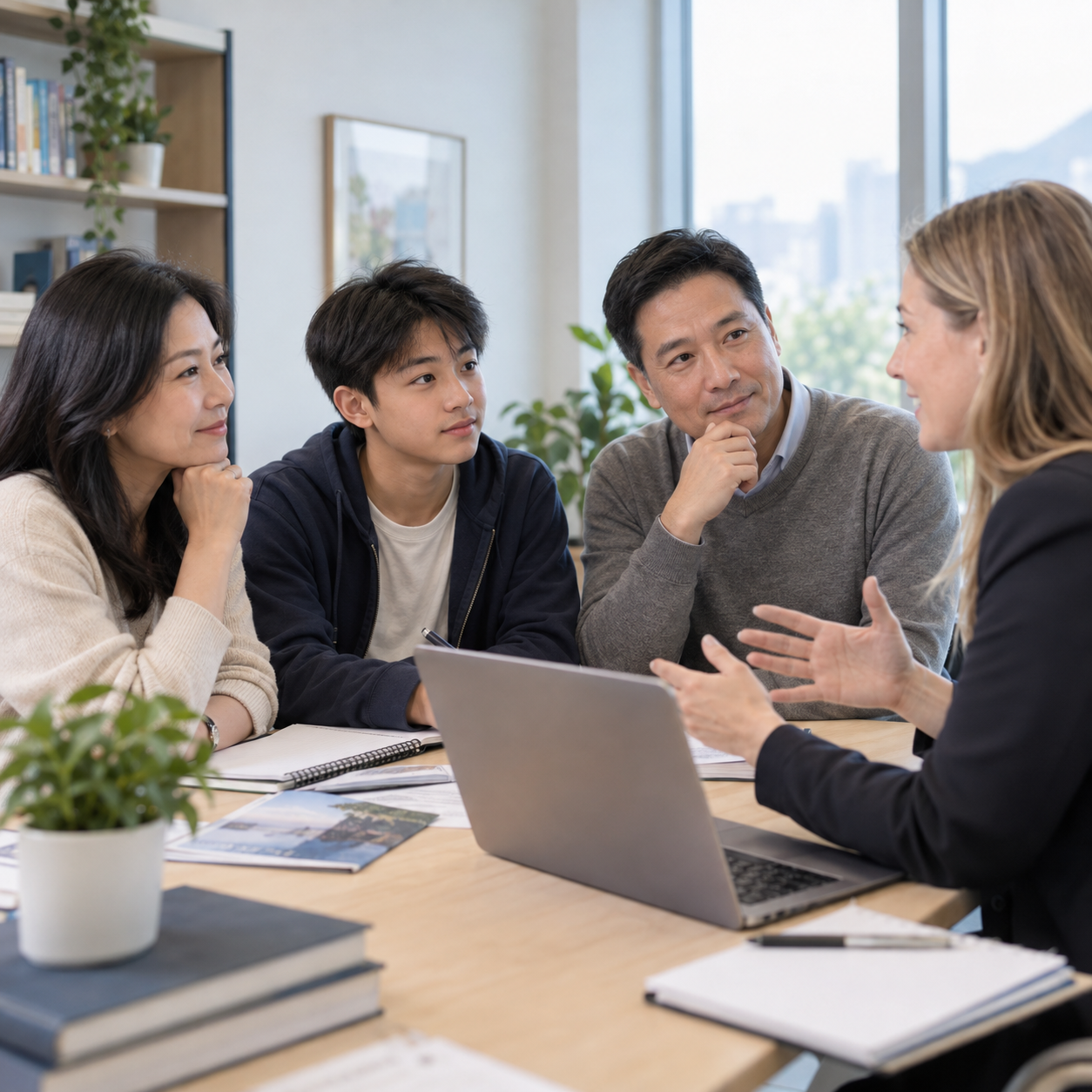 一家人與顧問討論升學安排 / Family discussing study plans with an adviser